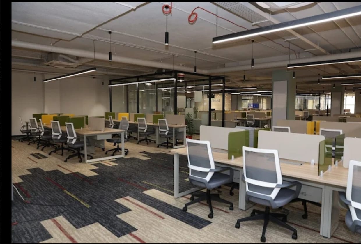 Large office space with workstation chairs